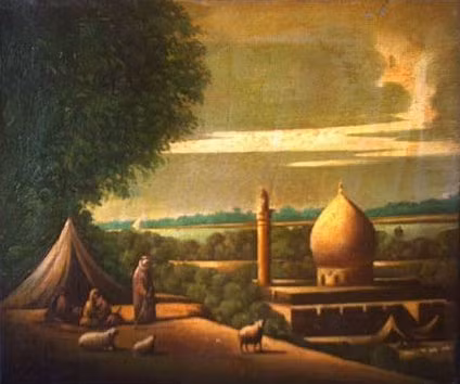 Việc xây dựng Baghdad hoàn thành vào năm 766. Baghdad được lựa chọn vì vị trí chiến lược của nó ở trung tâm Iraq cổ. Đây là điểm gặp gỡ giữa các tuyến caravan trên đường tới Khorasan (một vùng phía đông và đông bắc Ba Tư thời đó). thành phố có một hệ thống kênh đào cung cấp nước để tưới tiêu, và là thành lũy phòng thủ khi bị tấn công. Ảnh: Khung cảnh Baghdad, tranh của họa sĩ hiện đại Iraq nổi tiếng Abdul Qadir Al Rassam.