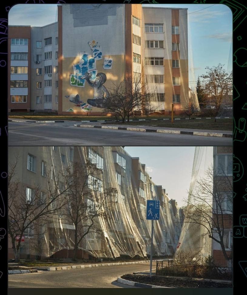 Để bảo vệ trước các cuộc tấn công liên tục của máy bay không người lái Ukraine, các quan chức tại thành phố biên giới Shebekino của Nga đã đặt lưới chống máy bay không người lái ở trên hàng chục tòa nhà. Ảnh: @Olga Klyuchkareva.