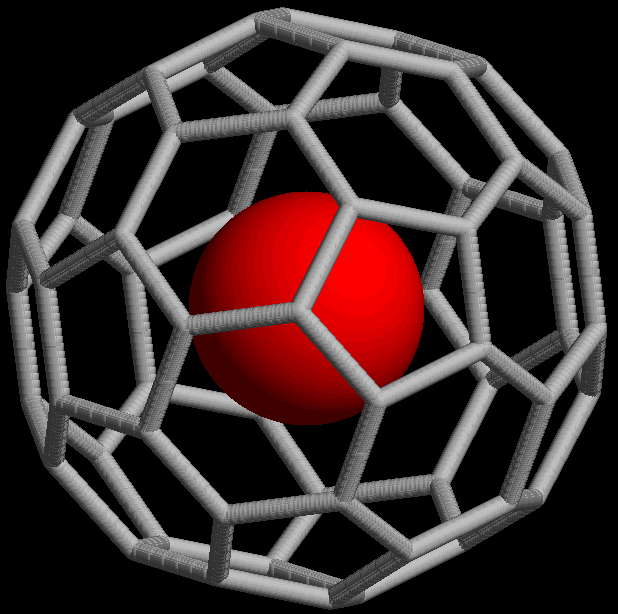 Endohedral fullerenes là vật liệu fullerene bình thường nhưng có thêm các nguyên tử, ion hoặc cụm nguyên tử, ion bên trong các kiến trúc nguyên tử dạng quả cầu có trong vật liệu. Ảnh: @Wikipedia.