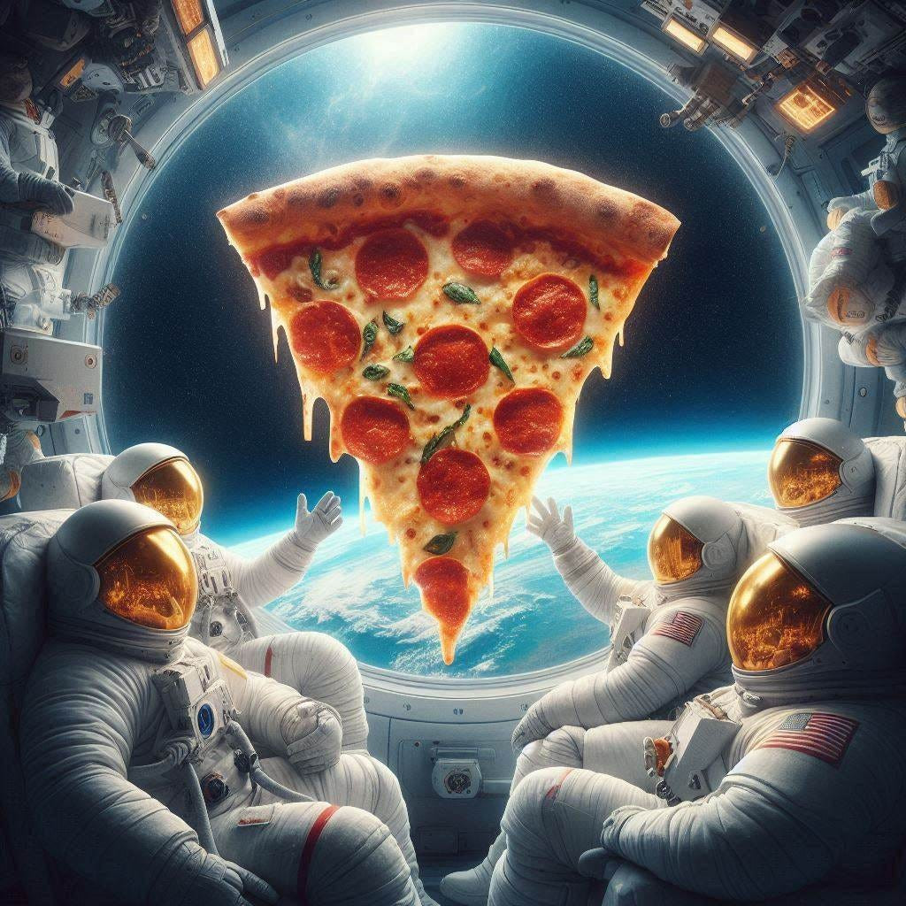 Chuyến giao hàng trị giá 1 triệu đô la. Chiếc pizza được điều chỉnh một chút cho phù hợp với môi trường du hành vũ trụ, thêm muối và gia vị, vì vị giác của phi hành gia bị suy yếu trong điều kiện vi trọng lực. Ảnh: @Bing.