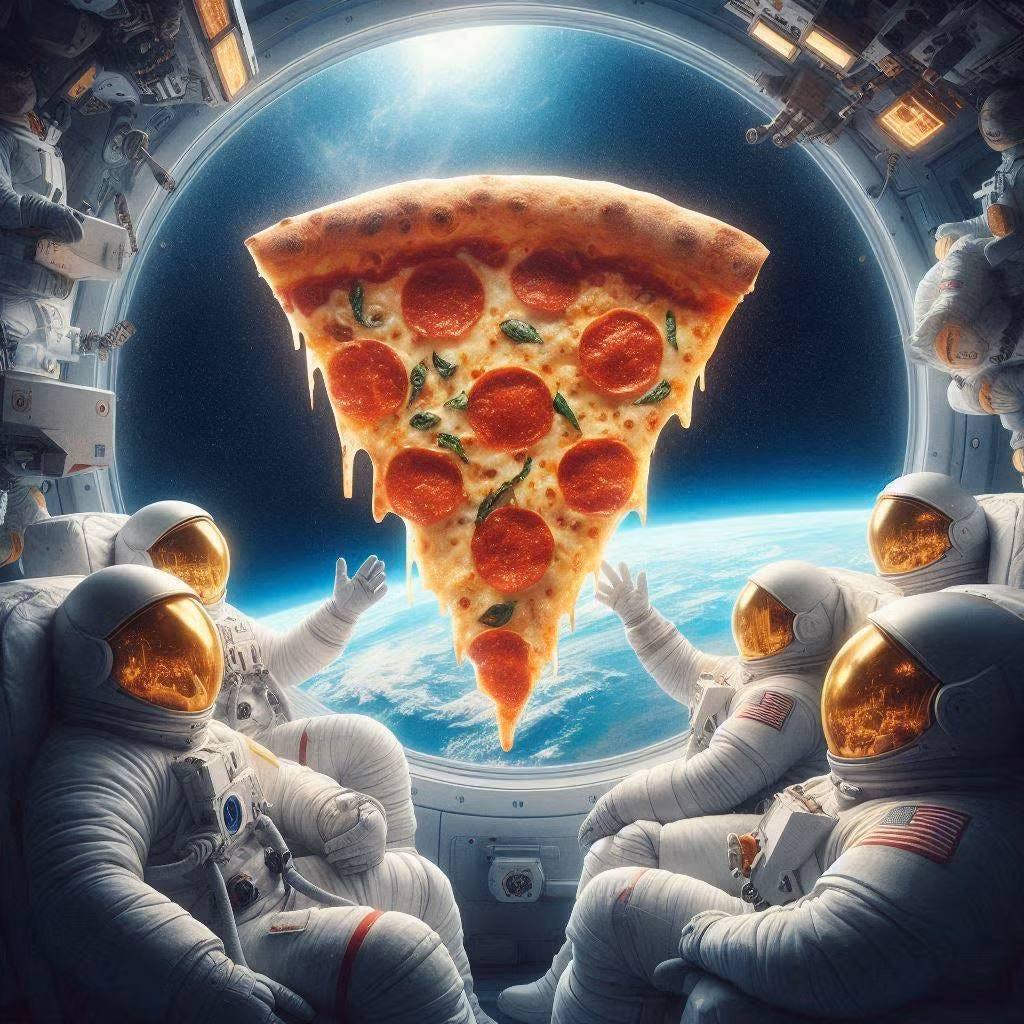 Chuyến giao hàng trị giá 1 triệu đô la. Chiếc pizza được điều chỉnh một chút cho phù hợp với môi trường du hành vũ trụ, thêm muối và gia vị, vì vị giác của phi hành gia bị suy yếu trong điều kiện vi trọng lực. Ảnh: @Bing.