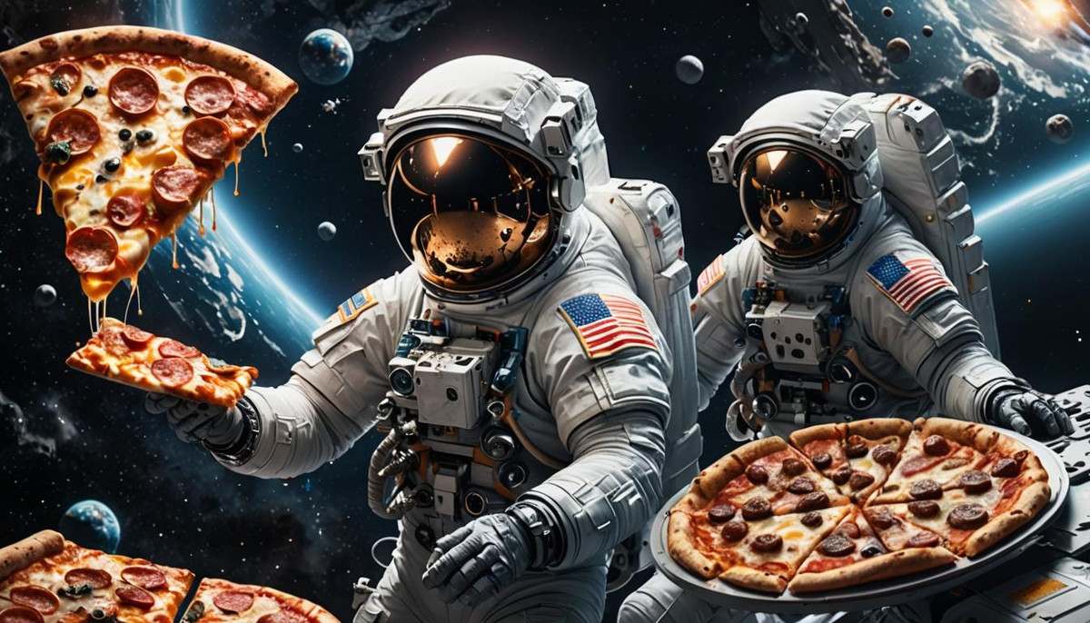 Năm 2001, Pizza Hut trở thành nhà hàng đầu tiên giao đồ ăn vào không gian. Ảnh: @Nightcafe AI Photo.