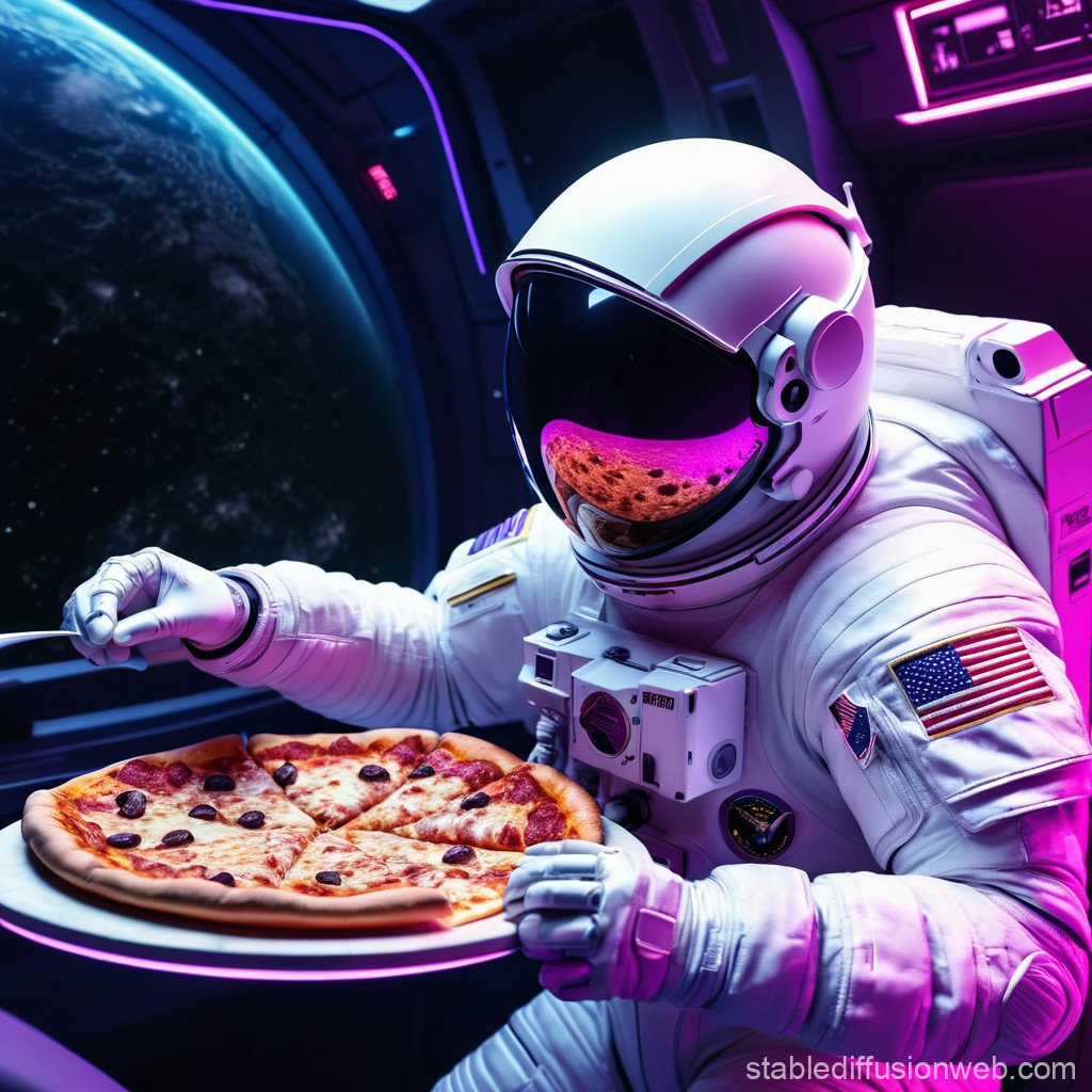 Tên lửa mang theo tàu vũ trụ Soyuz phóng chuyến giao pizza vào không gian cũng có logo Pizza Hut được trang trí ở bên ngoài. Ảnh: @stablediffusionweb.