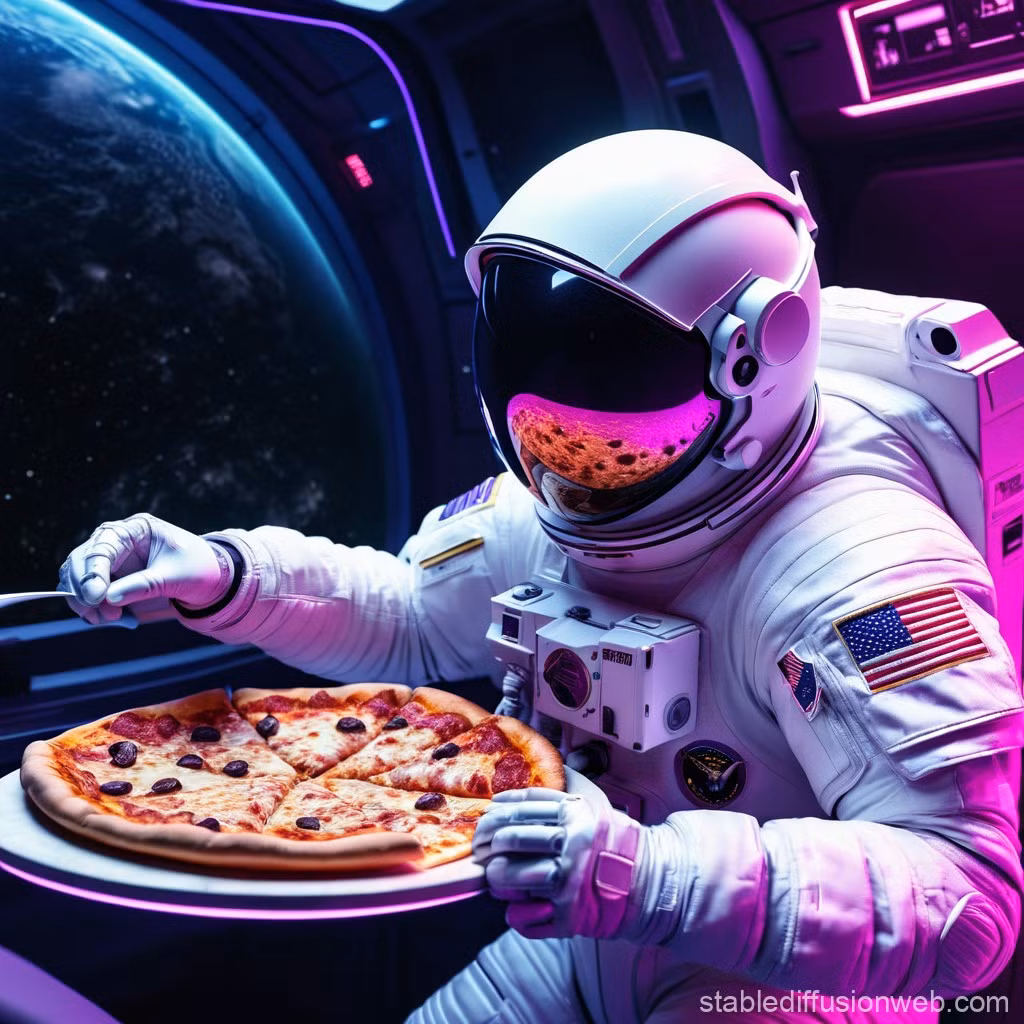 Tên lửa mang theo tàu vũ trụ Soyuz phóng chuyến giao pizza vào không gian cũng có logo Pizza Hut được trang trí ở bên ngoài. Ảnh: @stablediffusionweb.