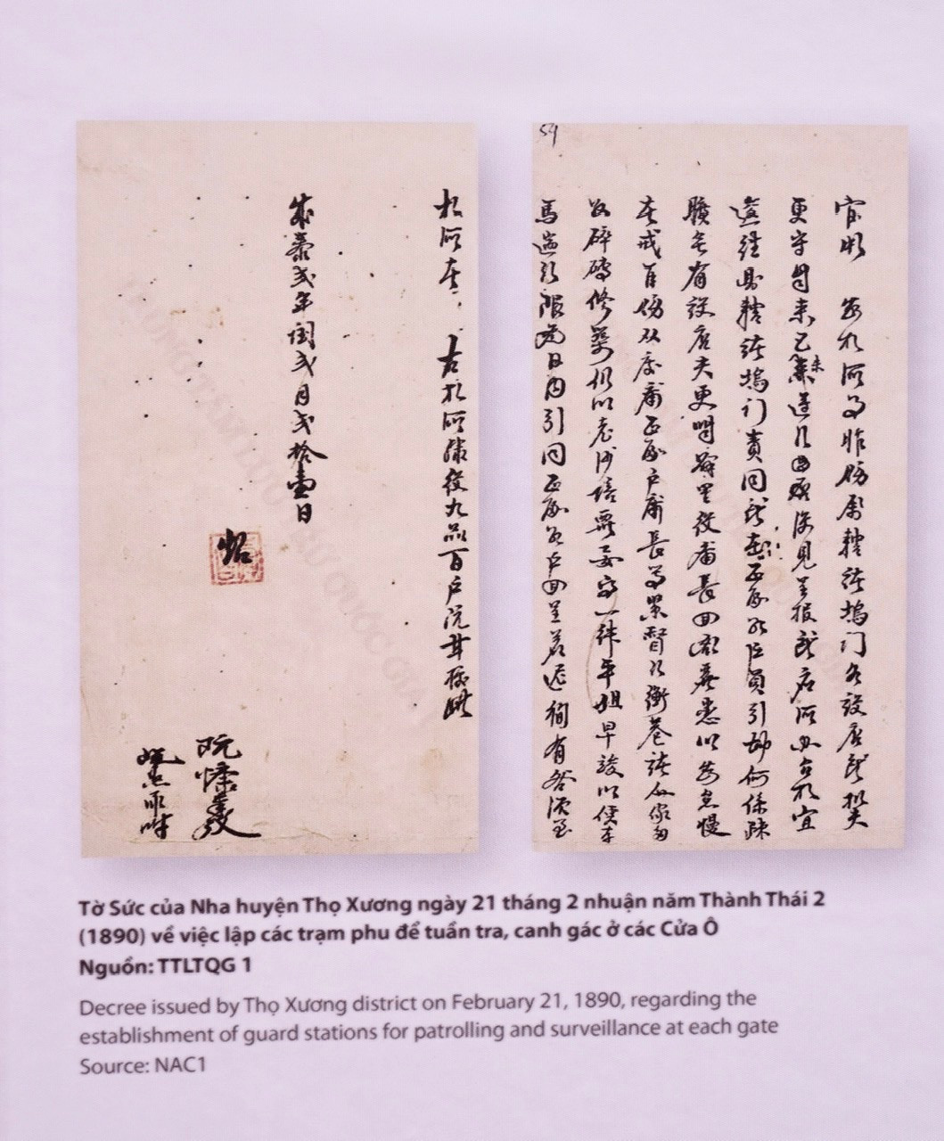Tờ Sức của Nha huyện Thọ Xương ngày 21 tháng 2 nhuận năm Thành Thái 2 (1890) về việc lập các trạm phu để tuần tra, canh gác ở các Cửa Ô. (nguồn: TTLTQG1)