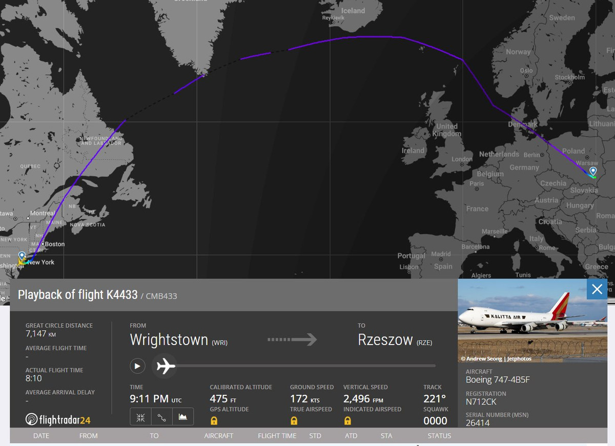 Có 2 chiếc cất cánh từ Căn cứ Không quân McGuire ở New Jersey, 3 chiếc từ Căn cứ Liên hợp Charleston ở Nam Carolina, 1 chiếc từ Căn cứ Không quân Ramstein của Mỹ đặt ở Đức, 1 chiếc từ Căn cứ Không quân MacDill ở Florida và 1 chiếc từ Sân bay Quân đội Biggs ở Texas. Ảnh: @OSINTtechnical.
