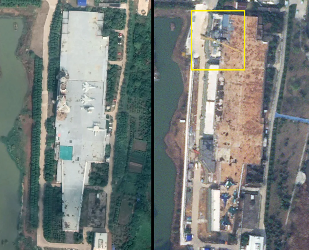 Chúng bao gồm: độ rộng của boong tàu sân bay lớn hơn rất nhiều, cấu trúc thượng tầng (bao gồm các khu vực như cầu tàu, tháp chỉ huy, và các phòng sinh hoạt, làm việc trên tàu) được thiết kế lại và di chuyển ra phía sau, giống như trên tàu sân bay lớp Ford của Hải quân Mỹ. Ảnh: @2025 PLANET LABS INC.