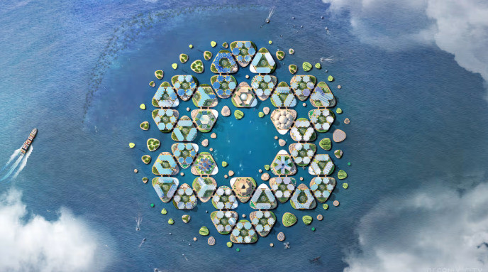 Với kinh nghiệm làm việc về nước biển, kiến trúc sư người Đan Mạch Bjarke Ingels tạo nên ý tưởng về các mô-đun thành phố nổi, mỗi mô-đun có diện tích khoảng 2 hecta. Ảnh: @OCEANIX.