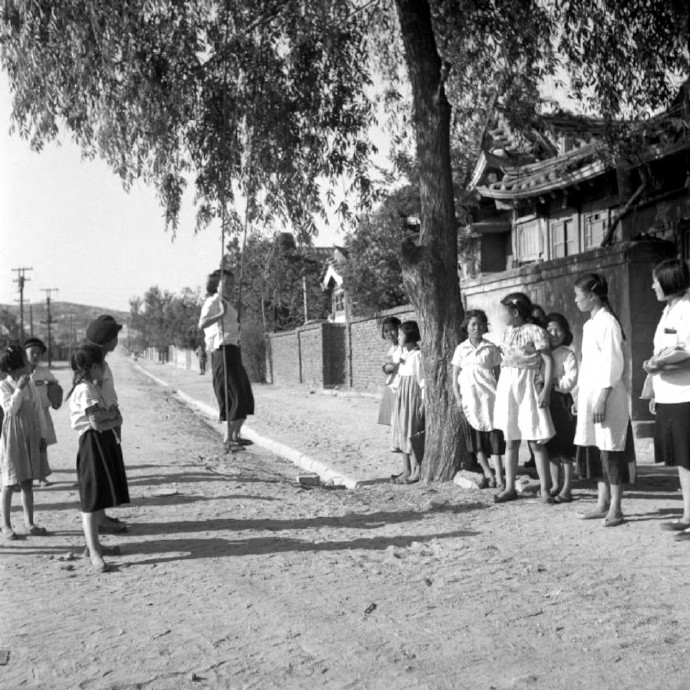 Các bé gái Hàn Quốc đang chơi đánh đu bên gốc cây ven đường. Ánh: sina.com.cn.