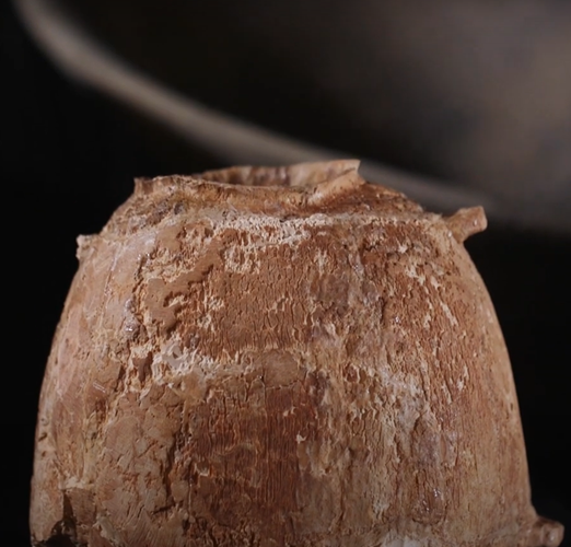 Với đường kính khoảng 20 cm, chiếc bình ngà voi này được gọi là amphoriskos, có thiết kế độc đáo với vết tích tay cầm đối xứng trang trí ngay vị trí cổ bình nối với đế bình. Ảnh: @Cơ quan Cổ vật Israel.
