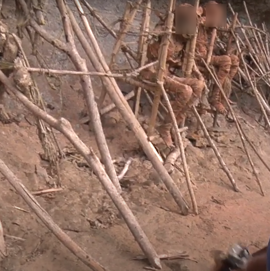 Khi xác chết cạn kiệt nước, chất lỏng, dân làng được cho là sẽ thu thập chất lỏng của những người thân yêu đã chết và bôi lên người họ như một biểu hiện của sự thương tiếc. Sau đó, các thi thể được dựng đứng ngoài trời để khô. Ảnh: @healingseekers.