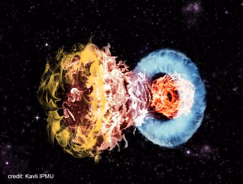 Các nhà nghiên cứu tại Đại học Keele cho biết, những vụ nổ siêu mạnh này (do cái chết của một ngôi sao lớn gây ra) trước đây có thể đã làm mất tầng ôzôn bầu khí quyển Trái Đất, gây ra mưa axit, khiến sự sống tiếp xúc với bức xạ cực tím có hại từ Mặt trời. Ảnh: @Kavli IPMU. 