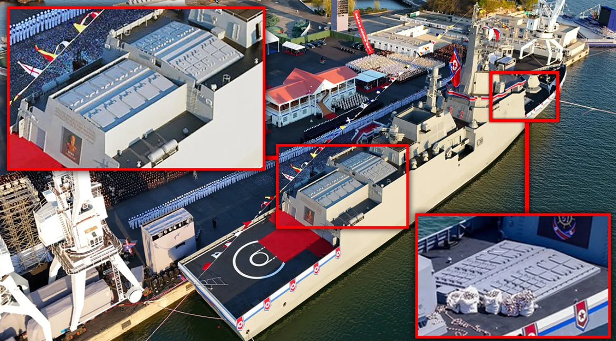 Có tổng cộng 74 ống phóng tên lửa thẳng đứng (VLS), đặt trong hai cụm bệ phóng ở trước và sau cấu trúc thượng tầng. Để so sánh kho vũ khí này, các tàu khu trục lớp Zumwalt của Hải quân Mỹ mang theo 80 ống phóng thẳng đứng mặc dù có lượng giãn nước hơn 14.000 tấn, trong khi các tàu khu trục lớp Type 45 của Hải quân Hoàng gia Anh chỉ mang theo 48 ống phóng thẳng đứng mặc dù có lượng giãn nước là 8.500 tấn. Ảnh: @KCNA.