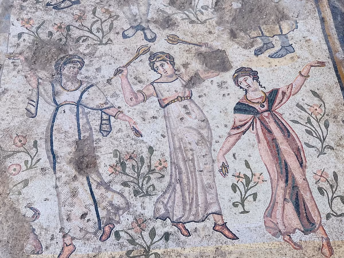 Bức tranh khảm mới có diện tích 50 mét vuông, mô tả một bữa tiệc ngoài trời với ba người phụ nữ đang khiêu vũ và tận hưởng âm nhạc. Ảnh: @Safinaz Acıpayam.