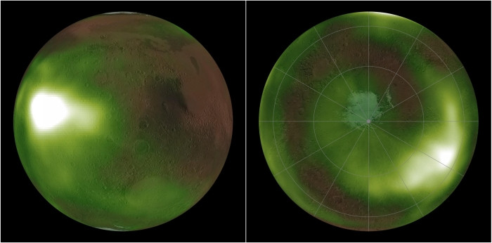 Sau đó, các nguyên tử oxy di chuyển về phía vùng tối ban đêm, nơi có ít năng lượng hơn và chúng kết hợp thành các phân tử oxy, phát ra ánh sáng màu xanh lá cây đặc biệt. Ảnh: @LASP.