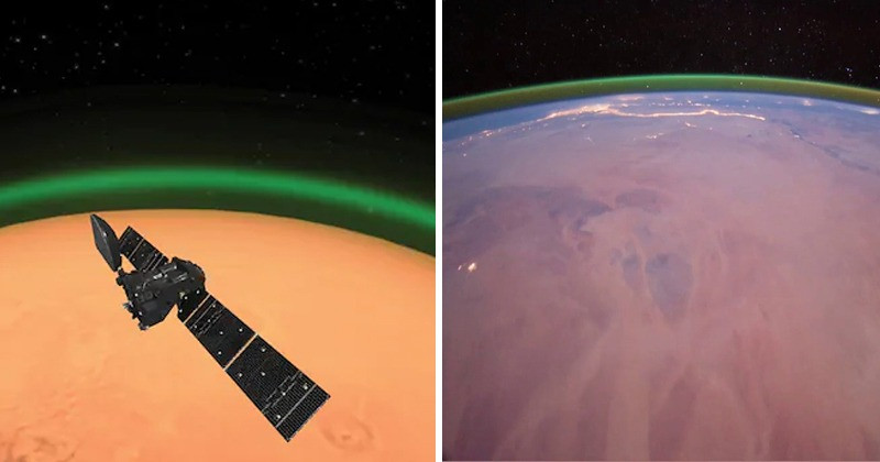 Bầu trời phát sáng màu xanh lá cây khi các nguyên tử oxy đơn lẻ kết hợp với nhau thành các phân tử oxy cách khoảng 48 km trong bầu khí quyển sao Hỏa. Quá trình này bắt đầu ở vùng sao Hỏa phía ban ngày, nơi các phân tử carbon dioxide bị tách ra bởi năng lượng từ Mặt trời. Ảnh: @Reuters.