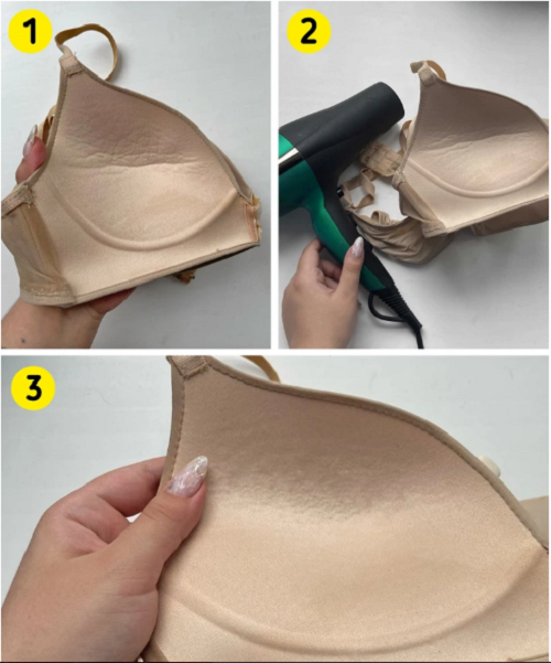 Trường hợp cúp ngực bị biến dạng, bạn nên dùng máy sấy tóc, đặt nhiệt độ phù hợp với chất liệu vải. Hơi nóng sẽ làm phẳng vết lõm, toàn bộ quá trình chỉ mất vài phút.