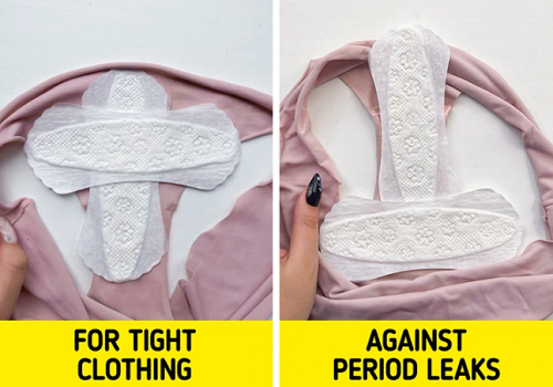 Muốn không bị rò rỉ kinh nguyệt, bạn có thể dùng 2 miếng băng vệ sinh cùng lúc. Khi thực hiện, bạn dán một miếng băng vệ sinh vào đáy quần lót, miếng còn lại dán vuông góc với chiếc băng vệ sinh ban đầu, hoặc tạo thành hình chữ “T” ngược.
