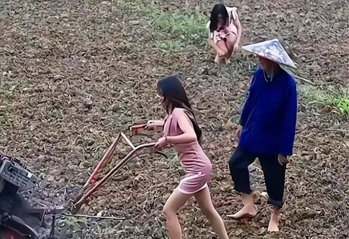 Có thể thấy rõ sự tương phản, đối lập giữa quần là áo lượt, trang điểm kỹ lưỡng với cảnh đồng ruộng thanh bình, người nông dân chân lấm tay bùn.