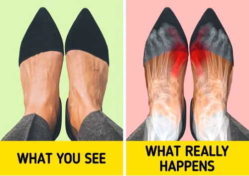 Đi giày mũi nhọn. Giày mũi nhọn khiến vẻ ngoài của bạn đẹp nhưng lại làm hỏng cấu trúc chân bên trong. Ngón chân không được giữ ở vị trí tự nhiên khiến bạn sẽ nhận loạt tác dụng phụ như ngón chân hình búa, hình thành vết chai. Kiểu giày này cũng làm tăng nguy cơ viêm dây thần kinh, chủ yếu là giữa ngón chân thứ ba và thứ tư.