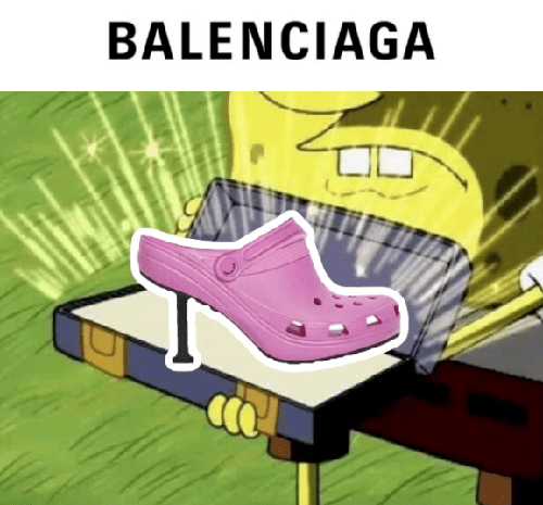 Thời gian sau, thương hiệu thời trang xa xỉ Balenciaga cho ra mắt thiết kế mới lấy cảm hứng từ những đôi Crocs màu mè. Thiết kế của Balenciaga gần như giữ nguyên mẫu Crocs với phần mõm rộng, chất liệu siêu nhẹ, màu sắc sặc sỡ với những lỗ nhỏ. Điều khác biệt là Balenciaga thay đổi phần đế bệt thành đế cao gót.