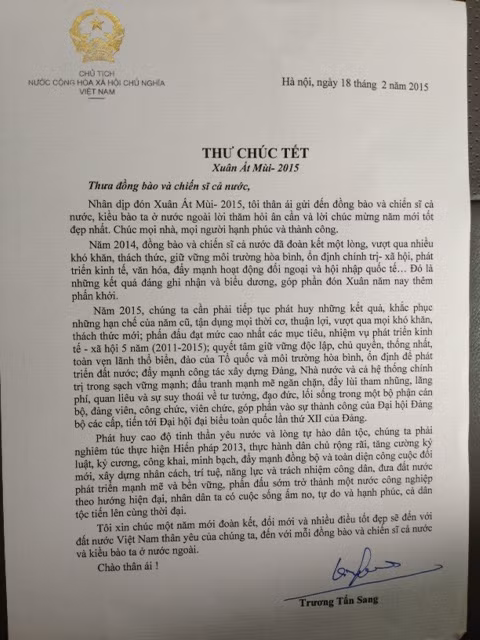 Chu tich nuoc Truong Tan Sang chuc Tet At Mui 2015