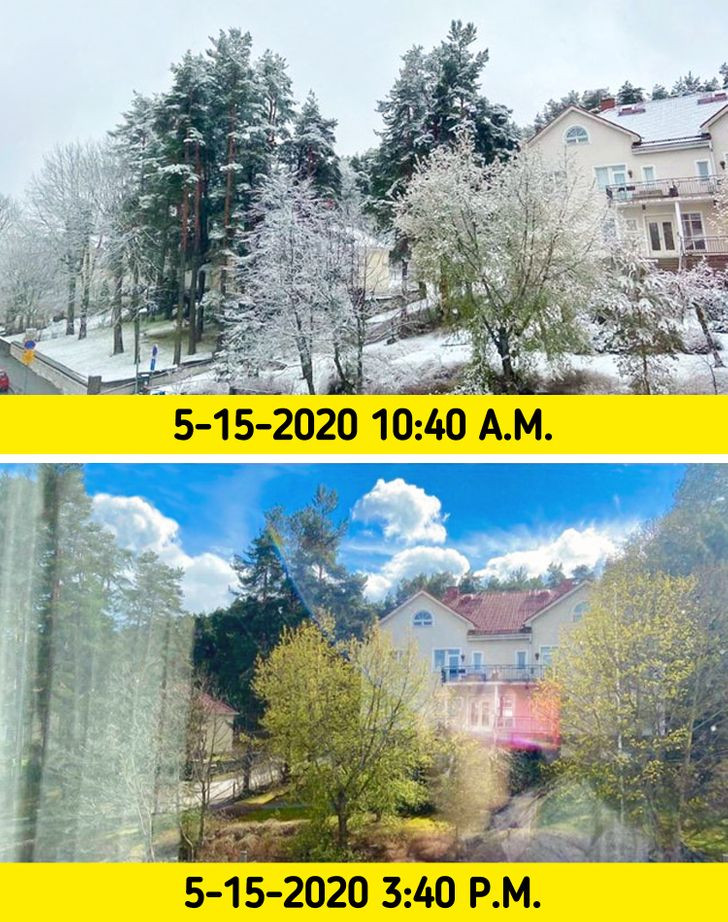 Trang BrightSide đăng tải loạt ảnh đầy bất ngờ được chụp tại đất nước Phần Lan. Chẳng hạn như bức ảnh này cho thấy, thời tiết ở Phần Lan có thể thay đổi "chóng mặt" chỉ trong 5 giờ đồng hồ. (Nguồn ảnh: BrightSide)