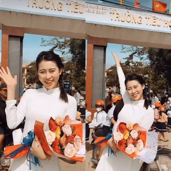 Người đẹp sinh năm 1998 diện áo dài trắng trơn vừa kín đáo vừa thanh lịch. Phong cách trang điểm nhẹ nhàng cùng mái tóc được thắt bím nhí nhảnh giúp "chị Google" không khác gì một nữ sinh trung học.