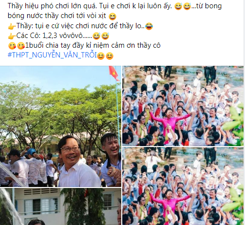 Mới đây, hình ảnh thầy trò trường THPT Nguyễn Văn Trỗi cùng nhau vui đùa với nước trong ngày bế giảng thu hút sự quan tâm của cư dân mạng. Ảnh: Chụp màn hình