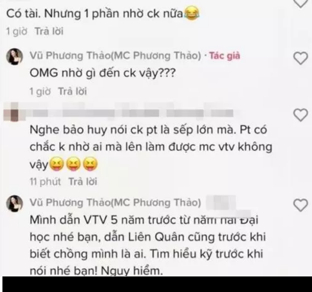 "Có tài nhưng một phần nhờ chồng nữa", "Nghe nói chồng Phương Thảo là sếp lớn mà. Phương Thảo có chắc không nhờ ai mà lên làm được MC của VTV không vậy",... là những bình luận của cư dân mạng được chính nữ MC chia sẻ lên MXH.