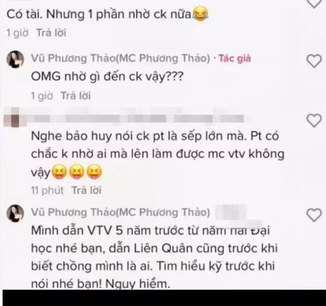 "Có tài nhưng một phần nhờ chồng nữa", "Nghe nói chồng Phương Thảo là sếp lớn mà. Phương Thảo có chắc không nhờ ai mà lên làm được MC của VTV không vậy",... là những bình luận của cư dân mạng được chính nữ MC chia sẻ lên MXH.