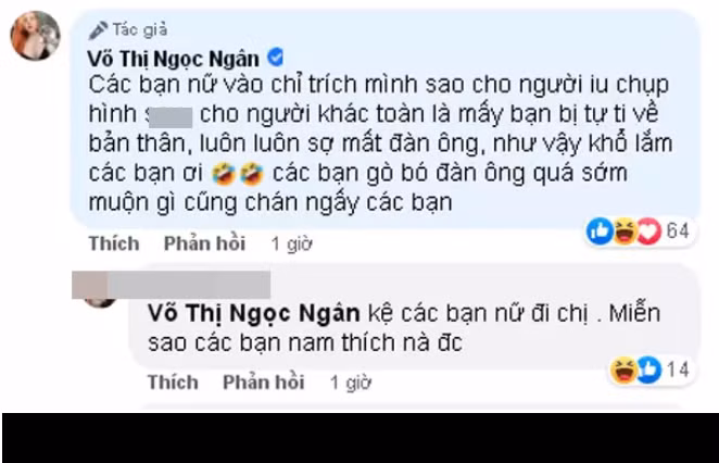 Trước những ý kiến không hay về việc để bạn trai chụp ảnh hở hang cho cô gái khác, Ngân 98 đã lên tiếng đáp trả, cho rằng bản thân tự tin về ngoại hình nên không lo sợ.