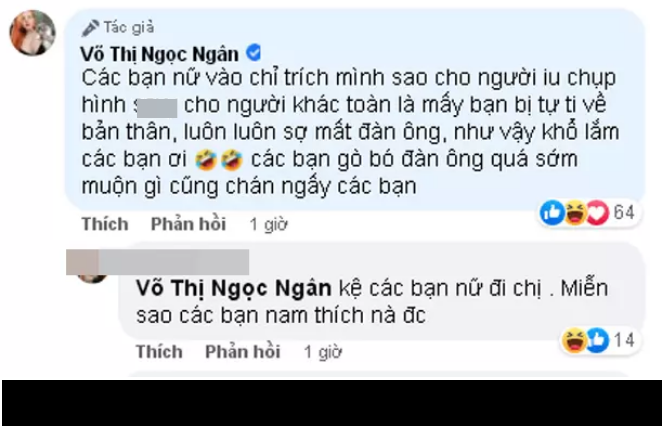Trước những ý kiến không hay về việc để bạn trai chụp ảnh hở hang cho cô gái khác, Ngân 98 đã lên tiếng đáp trả, cho rằng bản thân tự tin về ngoại hình nên không lo sợ.