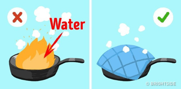 Bí kíp thoát nạn dập tắt chảo bốc lửa: Nếu bạn đổ nước, nước có nhiệt độ sôi thấp hơn dầu và mỡ, có thể gây nổ và khiến bạn bị thương. Thay vào đó, hãy dập lửa bằng một chiếc vung, tấm vải cotton lớn để dập lửa.