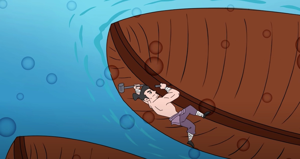 Quân giặc giăng lưới bắt được Yết Kiêu. Bằng tài trí, ông lừa rằng nước Nam có rất nhiều người có tài bơi lặn và sẽ dẫn đến chỗ họ ẩn nấp. Giặc tưởng thật lấy chiếc thuyền nhẹ chở ông đi. Thừa lúc giặc sơ ý, ông liền nhảy xuống biển, lặn trốn về doanh trại, tiếp tục cùng quân dân ta đánh giặc cứu nước.