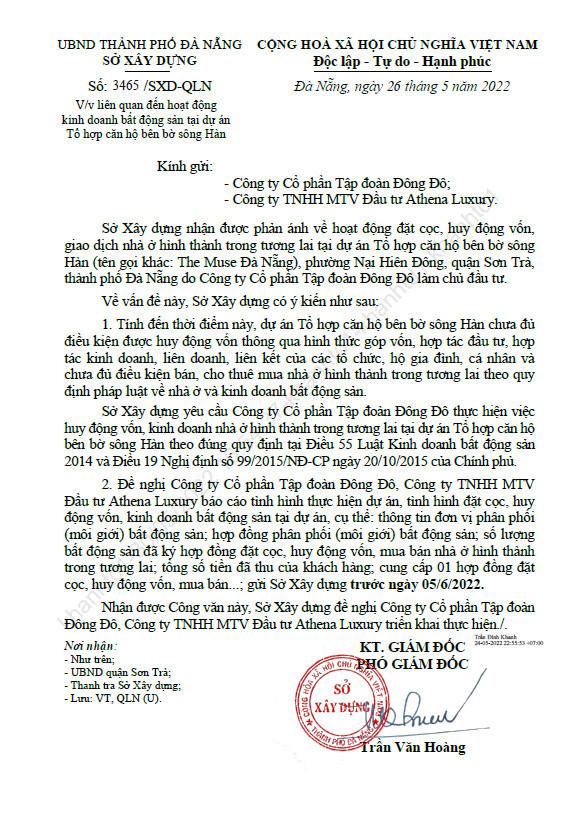 Đặc biệt, Sở Xây dựng TP.Đà Nẵng còn yêu cầu cung cấp tổng số tiền đã thu của khách hàng và hợp đồng đặt cọc, huy động vốn, mua bán…, và gửi Sở Xây dựng trước ngày 5/6.