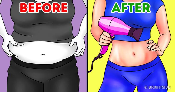 2. Sử dụng máy sấy tóc Rất ít người biết rằng máy sấy tóc có thể giúp bạn giảm cân. Cụ thể là nhiệt sẽ làm cho bạn đổ mồ hôi giúp loại bỏ chất lỏng không cần thiết trong cơ thể. Bạn có thể sử dụng gừng nén, đun nóng để có một tác động mạnh mẽ hơn, hỗ trợ đốt cháy chất béo tốt hơn - Ảnh: Brightside