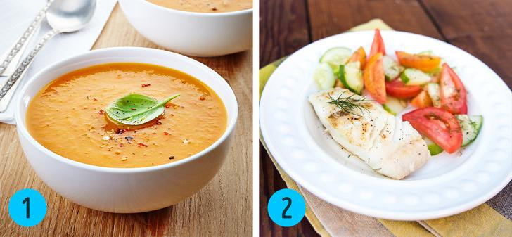 11. Ăn súp trước Cố gắng ăn súp ít calo trước bữa ăn, đây là thói quen sẽ giúp bạn loại bỏ số cân nặng dư thừa nhanh chóng. Các nghiên cứu cho thấy rằng việc này làm giảm lượng calo mà bạn sẽ tiêu thụ. Nguyên tắc chính là súp không nên chứa nhiều hơn 100 đến 150 calo, tốt hơn là nên ăn súp rau - Ảnh: Brightside