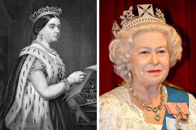 2. Hai vị nữ hoàng vĩ đại nhất nước Anh, Victoria và Elizabeth II: Người ta thường hay so sánh nữ hoàng Elizabeth II và bà cố của bà là nữ hoàng Victoria, quả thật họ có rất nhiều điểm chung, cả hai vị nữ hoàng đều rất thọ và nước Anh luôn rất phồn vinh trong thời gian họ tại vị. Victoria cai trị hơn 63 năm và là vị vua trị vì lâu nhất nước Anh trước năm 2015 và Elizabeth II đã phá vỡ kỷ lục này. Cả hai nữ hoàng đều quan tâm đến công nghệ hiện đại. Cả hai đều trở thành nữ hoàng khi còn nhỏ, Victoria 18 và Elizabeth 25. Cả hai nữ hoàng đã từng bị tấn công bởi một tay súng trong cung điện Buckingham. Cả hai đều có cuộc sống hôn nhân hạnh phúc và được người dân tôn kính.
