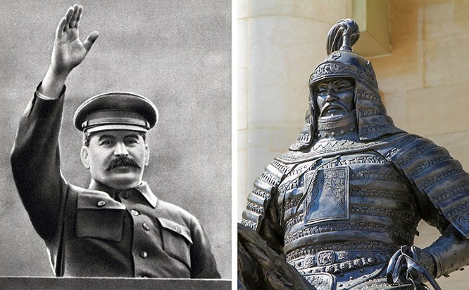  4. Josef Stalin và Genghis Khan: Hai người đàn ông nổi tiếng này từng cai trị các quốc gia lớn nhất trong thời đại của họ, Liên Xô và Mông Cổ. Cả Josef Stalin và Genghis Khan đều khét tiếng với sự tàn ác và thực hiện cải cách đất nước một cách đáng kể. Hai ông đều trải qua một tuổi thơ trong nghèo đói và bất hạnh khi cha mất sớm. Cả hai người đều lấy bút danh, mô tả về chính bản thân họ: Stalin có nghĩa là “người thép” và Genghis Khan có nghĩa là “người cai trị vĩ đại”. Cuối cùng, cái chết của cả hai nhà cầm quyền đều xoay quanh những tin đồn, bí ẩn, và thuyết âm mưu.