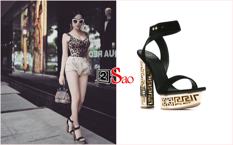 Cứ xuống phố là Huyền Baby có thể quên gì chứ không quên guốc. Đôi sandal có giá gần 36 triệu đồng, rất hợp khi mix cùng set trang phục da báo của Dolce Gabbana