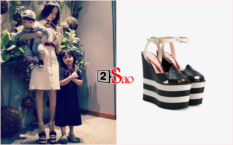 Nhân dịp Valentine's Day, Huyền Baby sắm sửa cho cả 3 mẹ con đồ hiệu đến từ Gucci. Riêng đôi giày đế xuồng mà cô đi đã có giá gần 22 triệu.