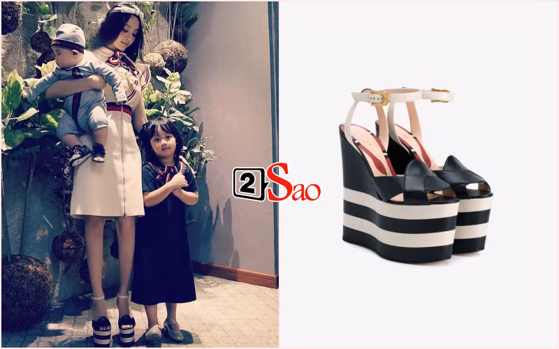 Nhân dịp Valentine's Day, Huyền Baby sắm sửa cho cả 3 mẹ con đồ hiệu đến từ Gucci. Riêng đôi giày đế xuồng mà cô đi đã có giá gần 22 triệu.