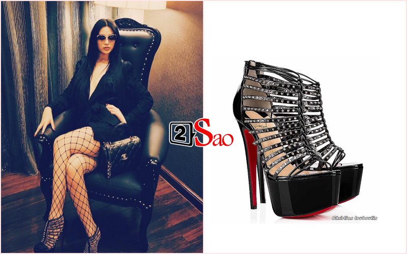 Đôi sandal da nạm đinh Millachou 16cm của Christian Louboutin được bà mẹ 2 con Huyền Baby sở hữu từ lâu và phối hợp được với rất nhiều các bộ trang phục khác nhau.