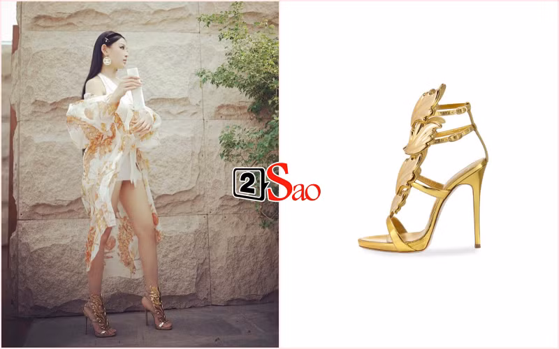 Hot mom sinh năm 89 không cưỡng được sức hút của đôi giày cao gót Giuseppe Zanotti Coline Wings Suede nên đã tậu phiên bản rose gold 11cm với giá 37.8 triệu đồng để ra bể bơi cùng bikini và khuyên tai Chanel.
