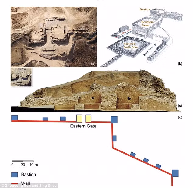 Những bức tường đá với thành lũy và cổng thành được xây bao quanh kim tự tháp và thành phố cũng được phát hiện. Ở lối vào kim tự tháp bậc thang, các chuyên gia nhận thấy những bức tường thành thiết kế công phu dùng để phòng thủ và hạn chế người vào.