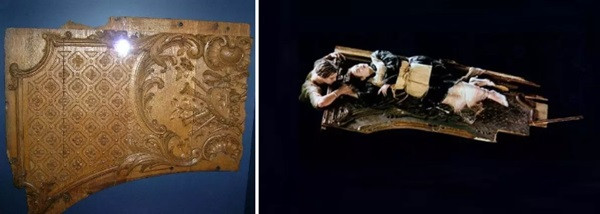 Nhiều người có thể không biết hoa văn trên cánh cửa gỗ mà nhân vật Jack nhường Rose khi tàu chìm (ảnh phải) có nét trùng khớp với mảnh hiện vật mà người ta tìm thấy từ xác tàu Titanic chìm năm xưa (ảnh trái).