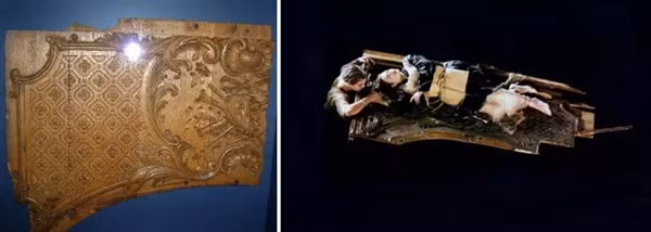 Nhiều người có thể không biết hoa văn trên cánh cửa gỗ mà nhân vật Jack nhường Rose khi tàu chìm (ảnh phải) có nét trùng khớp với mảnh hiện vật mà người ta tìm thấy từ xác tàu Titanic chìm năm xưa (ảnh trái).