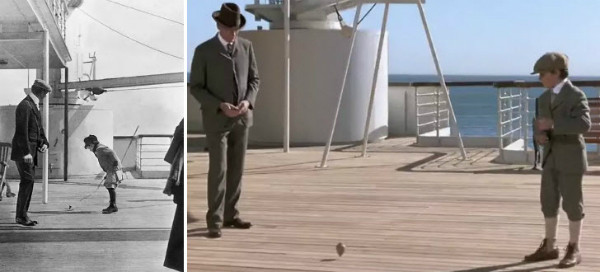 Đạo diễn James Cameron đã tái hiện khoảnh khắc có thật trong lịch sử (ảnh trái) khi một cậu bé đang chơi con quay trên boong tàu Titanic năm 1912 trong một cảnh quay của bộ phim "Titanic" (ảnh phải).