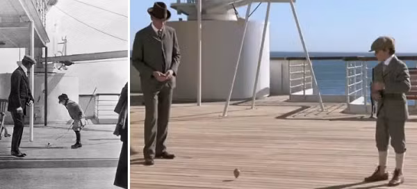 Đạo diễn James Cameron đã tái hiện khoảnh khắc có thật trong lịch sử (ảnh trái) khi một cậu bé đang chơi con quay trên boong tàu Titanic năm 1912 trong một cảnh quay của bộ phim "Titanic" (ảnh phải).